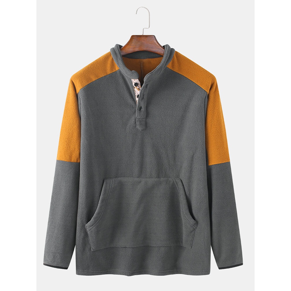 Mens Patchwork Solid Color Kangaroo Pocket Long Sleeve Casual Henley Shirts - Black M