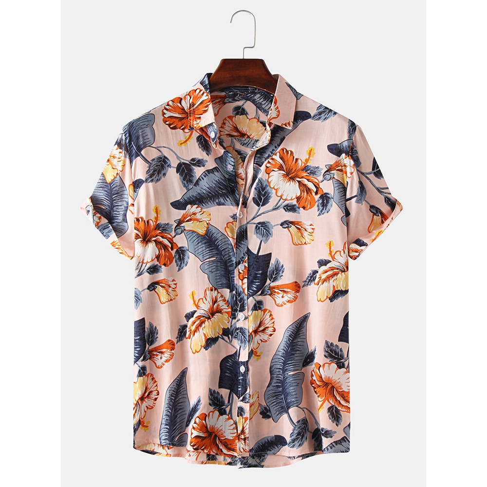 Men Casual Floral Print Turn Down Collar Hawaii Beach Short Sleeve Shirts - Orange M