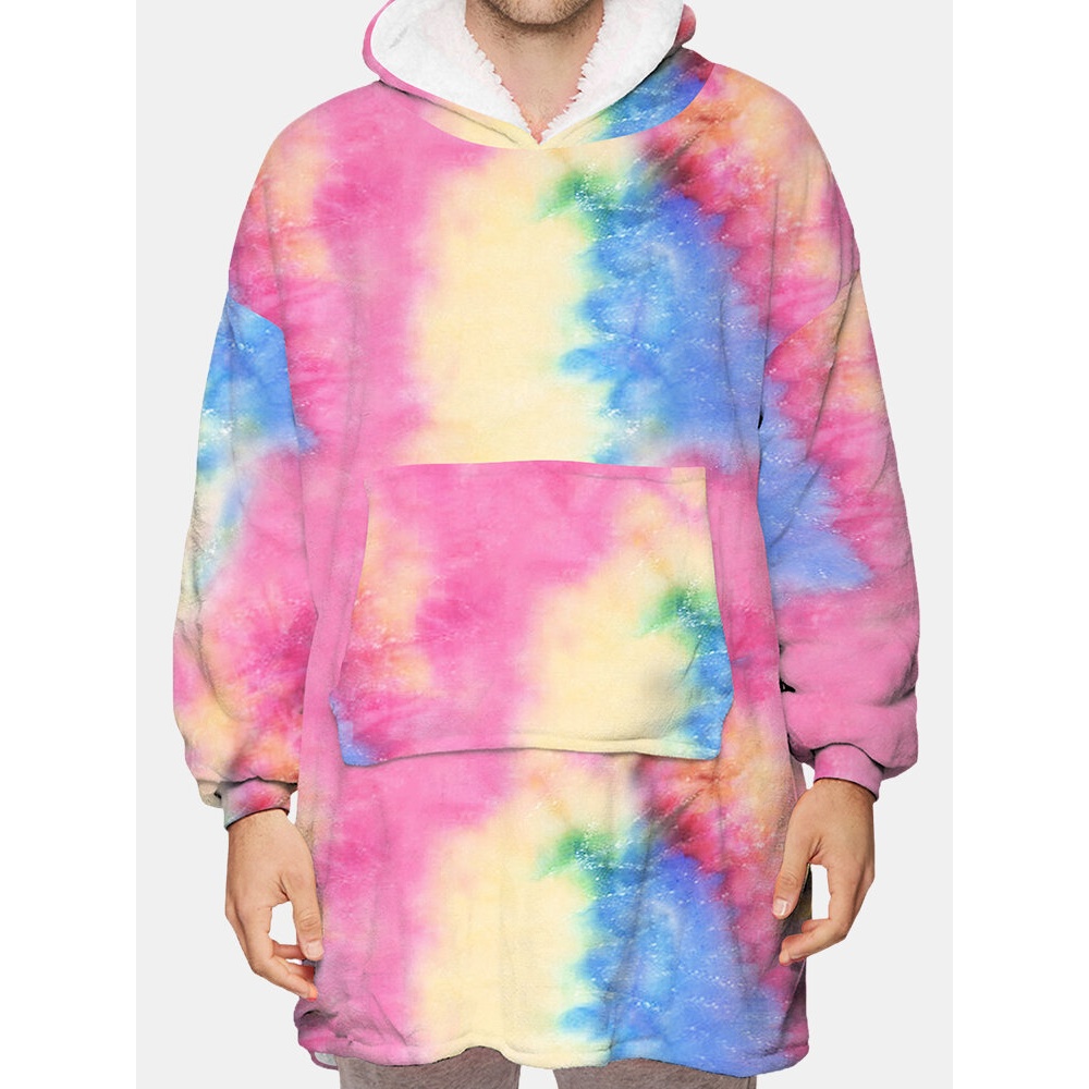 Mens Tie Dye Two-Sided Wearable Fleece Oversized Blanket Hoodie Loungewear With Handy Pocket - Colorful One Size