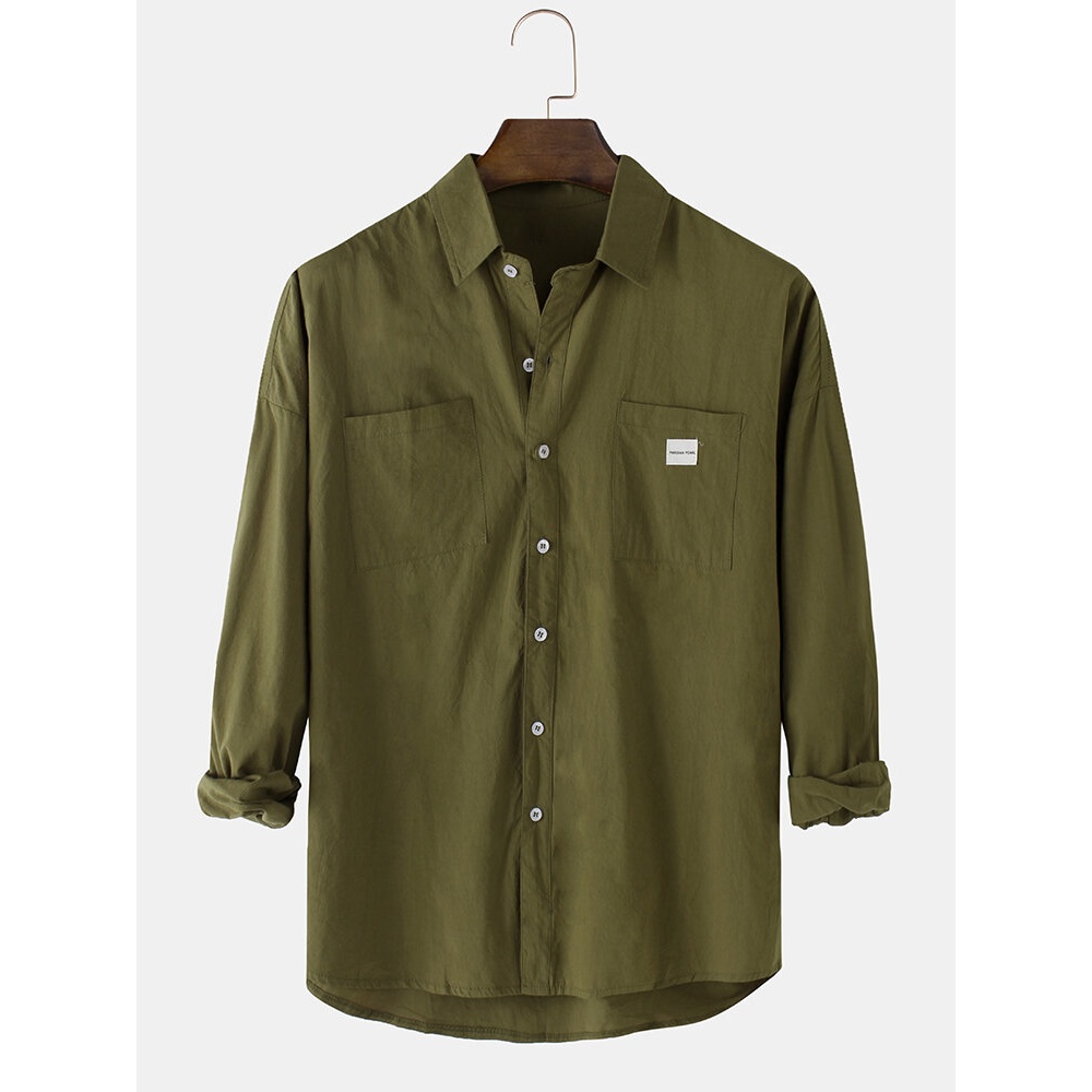 Mens Solid Color Label Double Pocket Long Sleeve Simple Shirts - Grey L