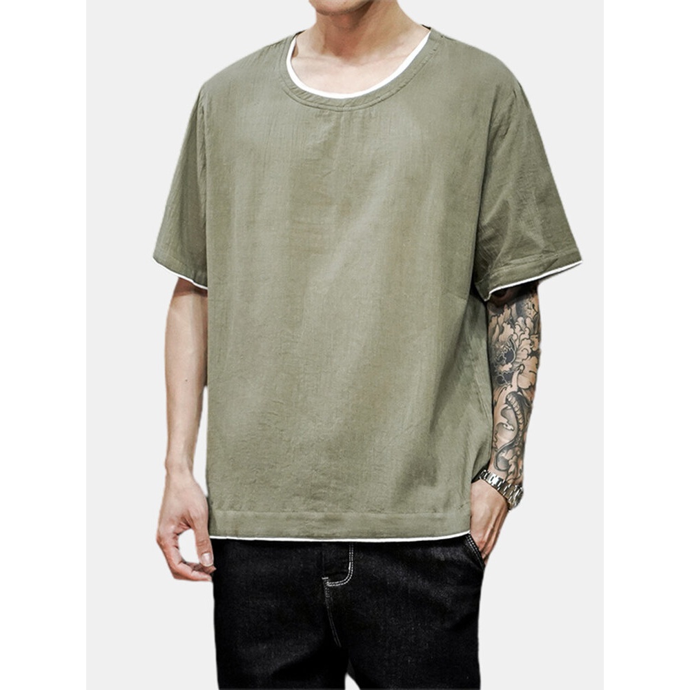 Mens Solid Color Cotton Breathable Casual Round Neck Short Sleeve T-Shirts - Green S