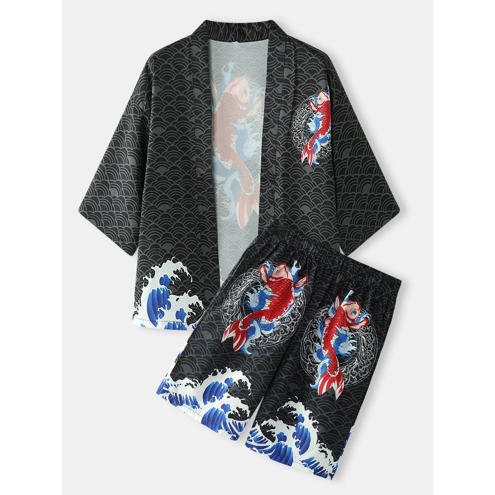 Mens Kimono Japanese Koi & Wave Print Open Front Two Pieces Outfits - Black S