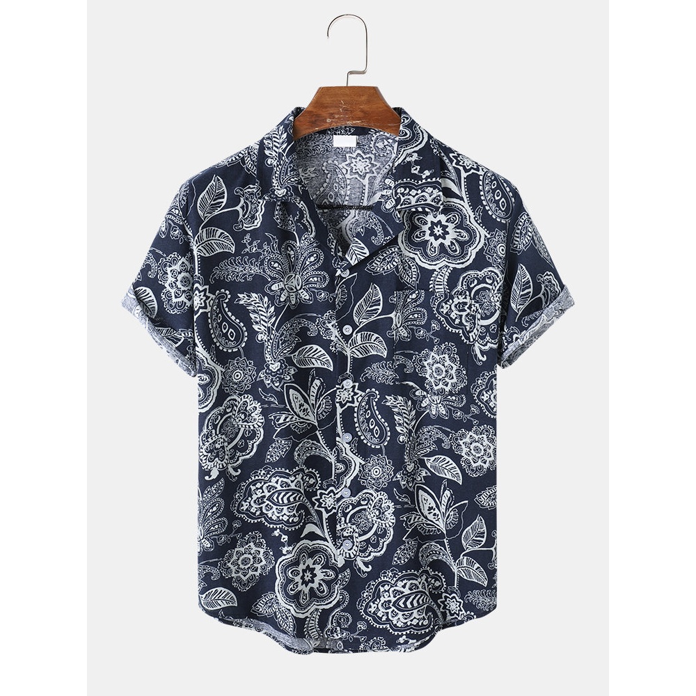 Mens Vintage Flower Print Short Sleeve Shirts - Black L