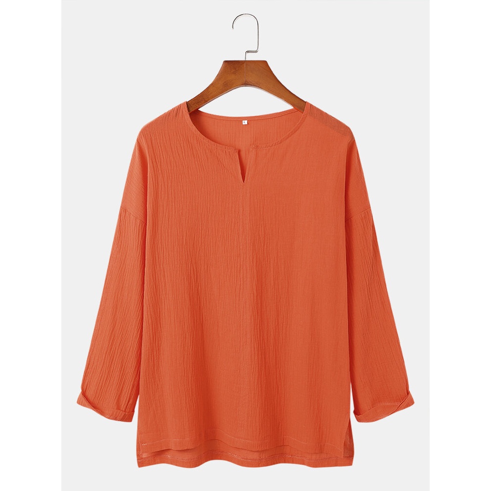 Men 100% Cotton Pure Colors Outdoor High Low Long Sleeve Shirts - Khaki M