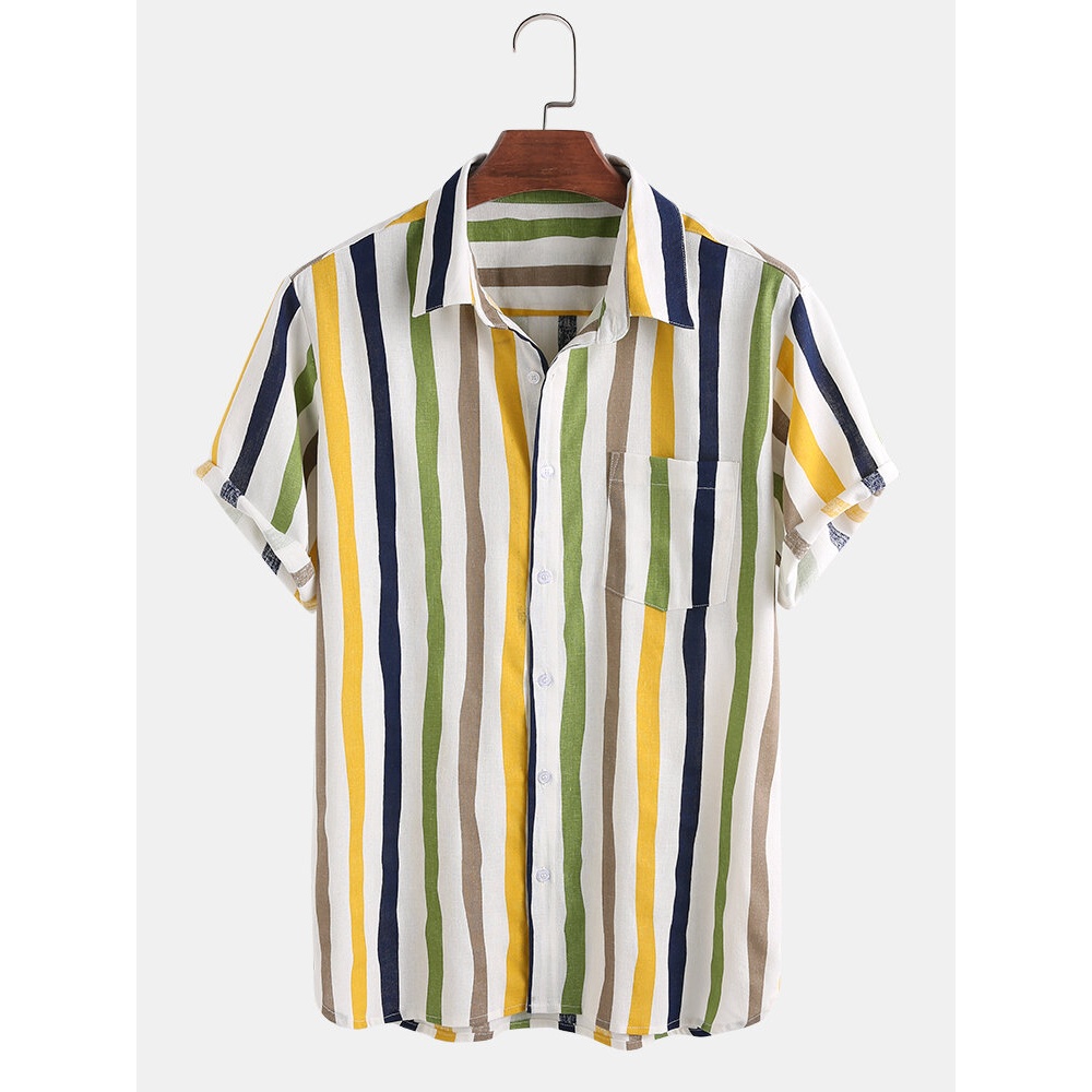 Mens New Fashion Turn Down Collar Colorful Striped Short Sleeve Shirts - Green 2XL
