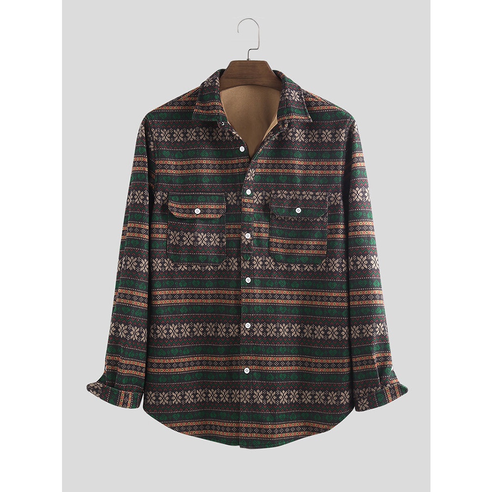 Mens Floral Double Pockets Long Sleeve Autumn Shirts - L Brown