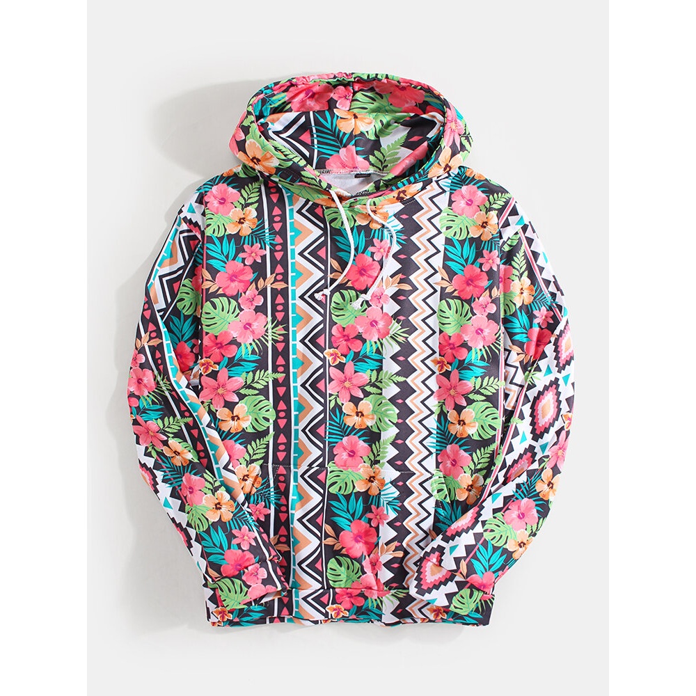 Mens Vintage Style Floral Print Drawstring Hoodies With Kangaroo Pocket - M #01