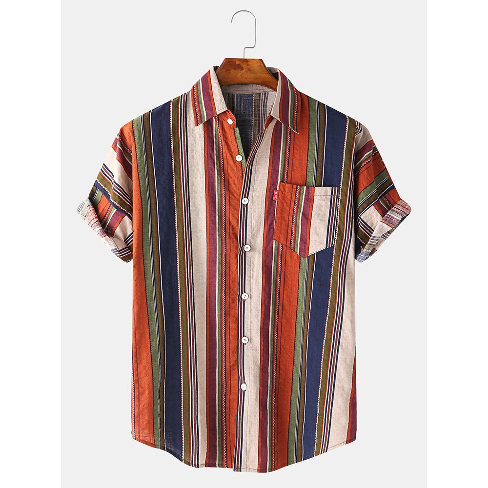 Mens Cotton Colorful Stripe Button Up Turn Down Collar Short Sleeve Casual Shirts - Green M