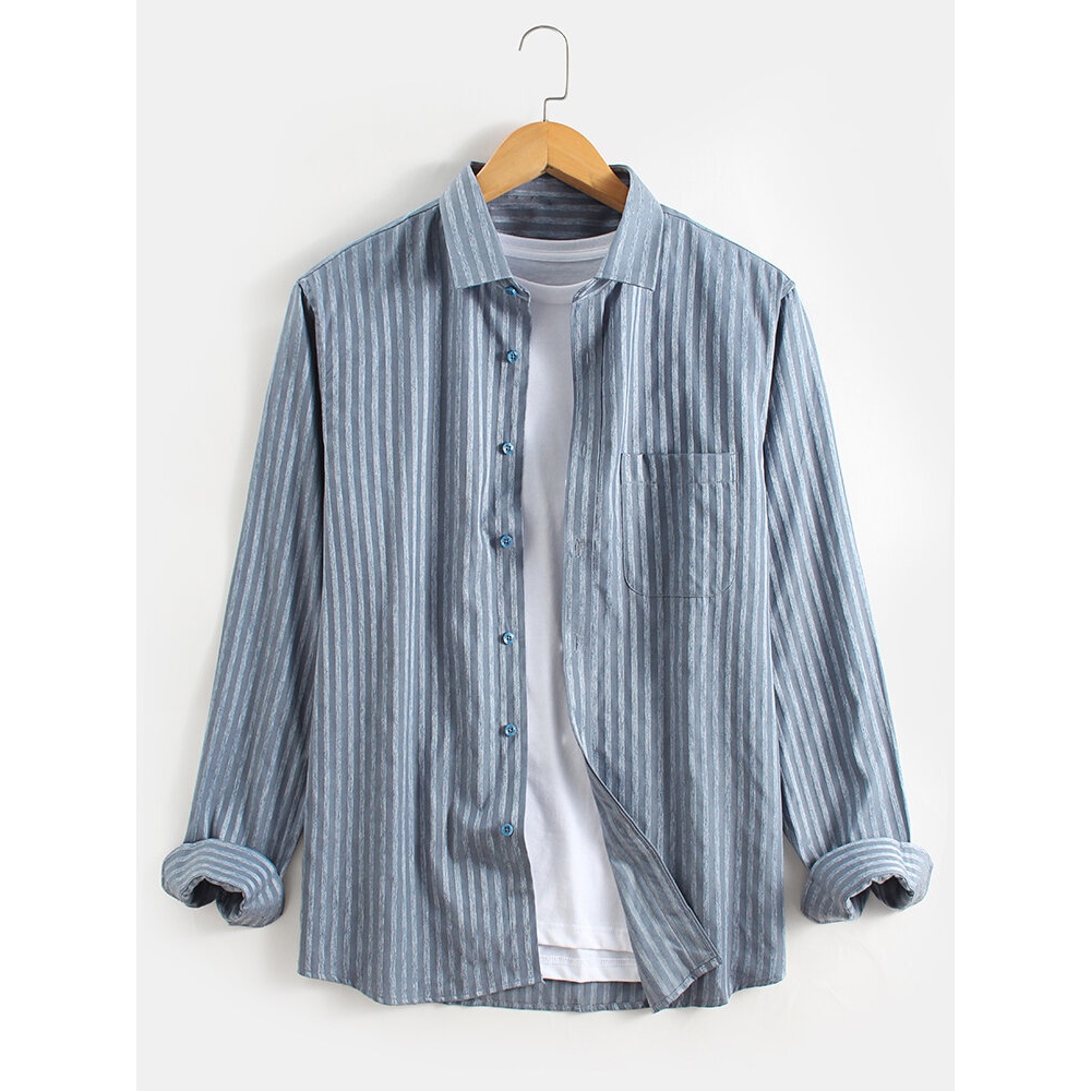 Mens Vertical Stripe Jacquard Cotton Casual Chest Pocket Long Sleeve Shirts - Black XL