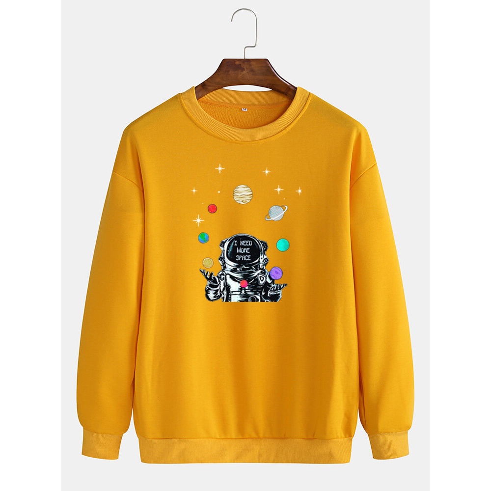 Mens Cartoon Astronaut & Planet Print Round Neck Pullover Drop Shoulder Sweatshirts - Black L