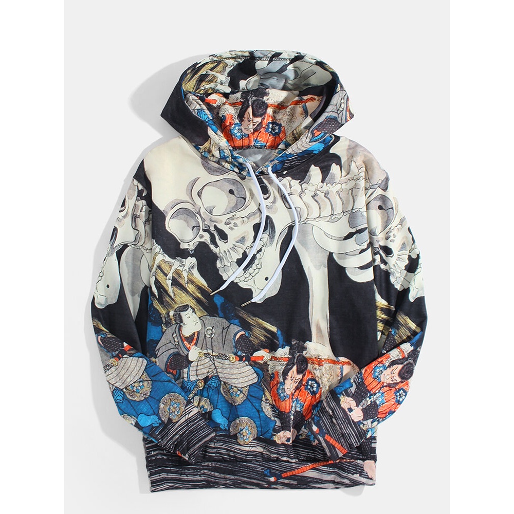 Mens Comics Element Print Long Sleeve Ukiyo Drawstring Hoodies - Black M