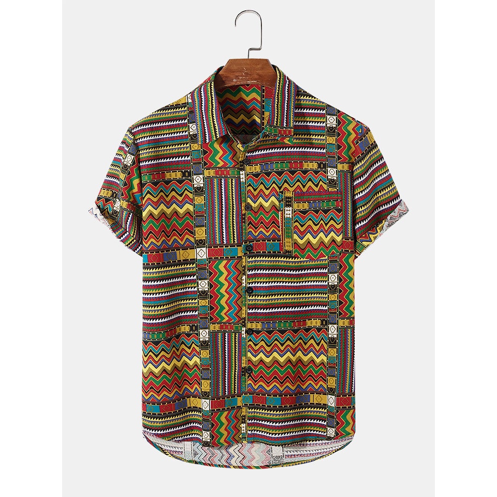 Mens Colorful Geometry Pattern Lapel Short Sleeve Tribal Shirt - Red S