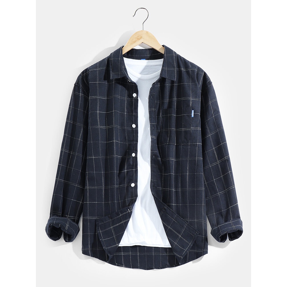 Mens Plaid Print Cotton Lapel Button Up Long Sleeve Casual Shirt - Dark Grey 2XL