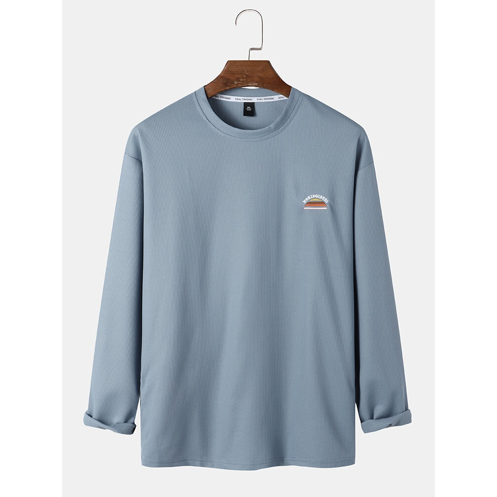 Men Cotton Solid Label Round Neck Long Sleeve Casual T-Shirts - Black XL