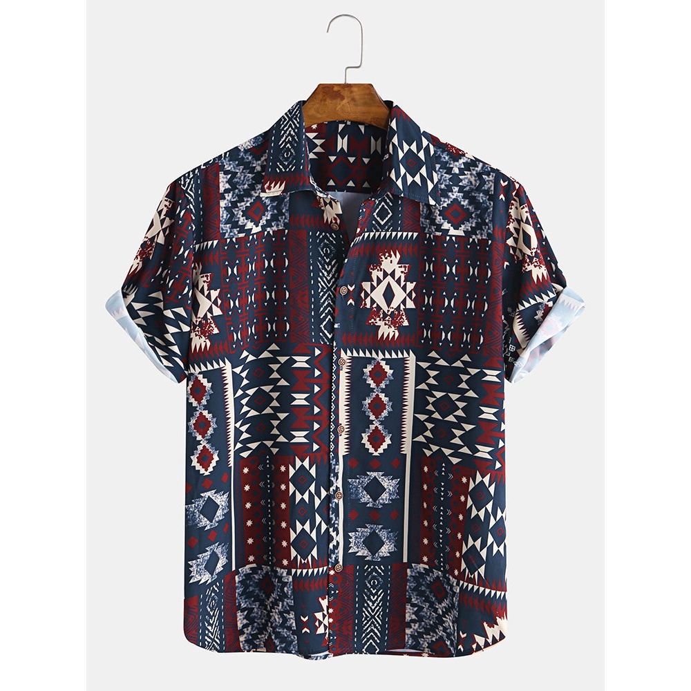 Mens Ethnic Style Pattern Printing Short Sleeve Casual Shirts - 3XL As Picture
