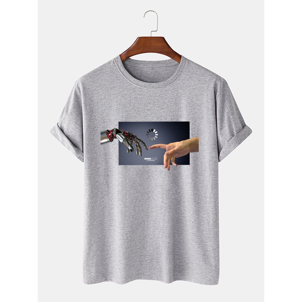 Mens Machine Hand Graphic Print Cotton O-Neck Casual T-Shirt - Black XL