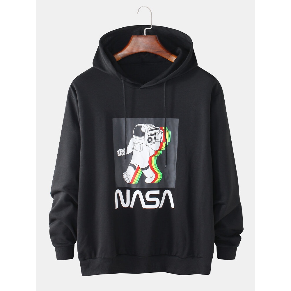 Mens Astronaut Print Long Sleeve Black Hoodies - Black S