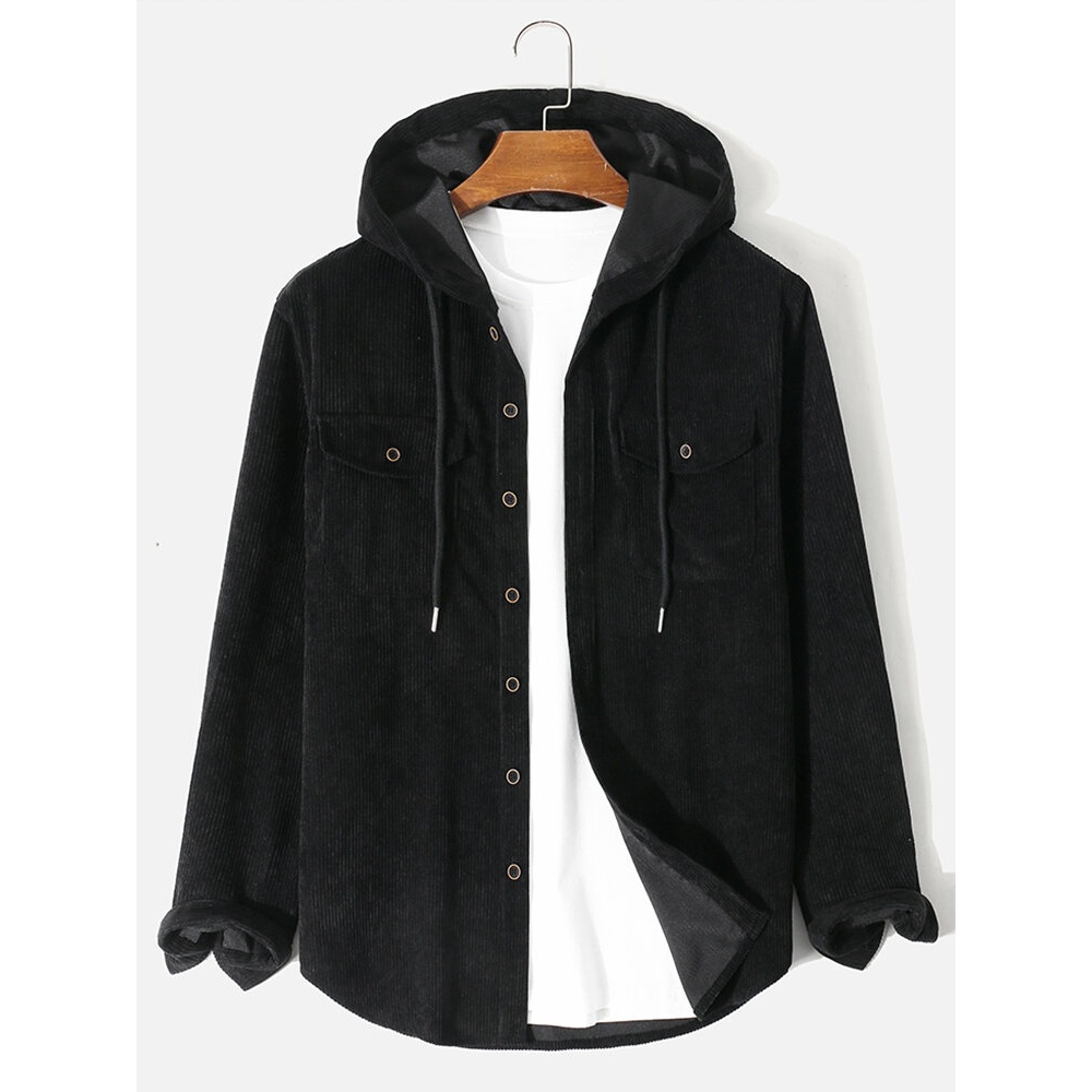 Mens Casual Corduroy Solid Button Up Hooded Shirts - Black S