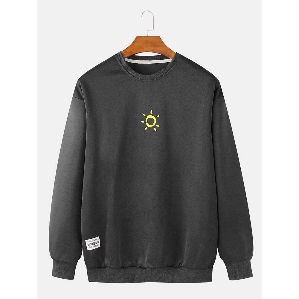 Cotton Mens Sun Print Drop Shoulder Bodycon Pullover Hem Long Sleeve Sweatshirts - White M