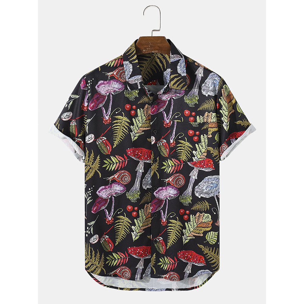 Mens Multi Mushroom Print Chest Pocket Short Sleeve Shirt - Black S