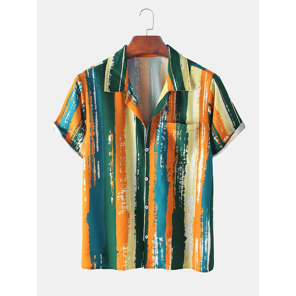 Mens Casual Colorful Striped Pocket Breathable Lapel Short Sleeve Shirts - Coffee M
