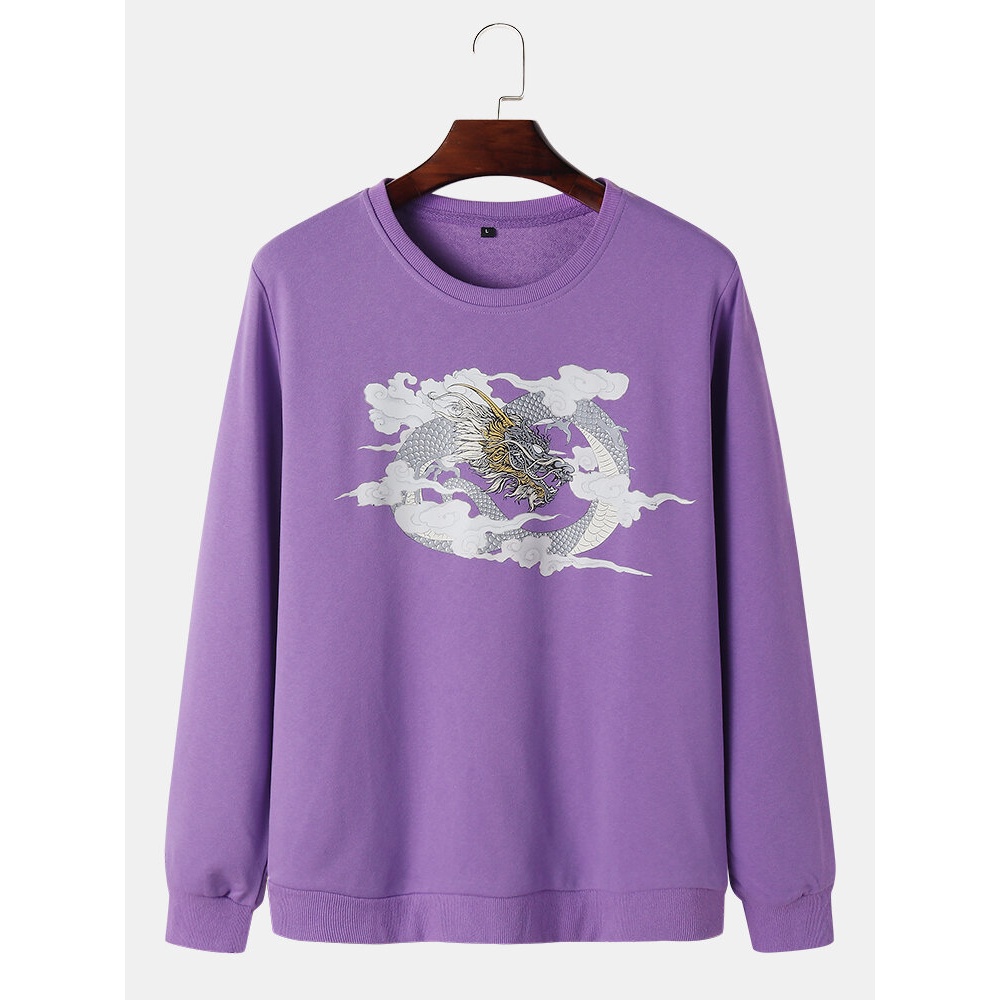 Mens Dragon & Cloud Print Round Neck Cotton National Style Sweatshirts - White L