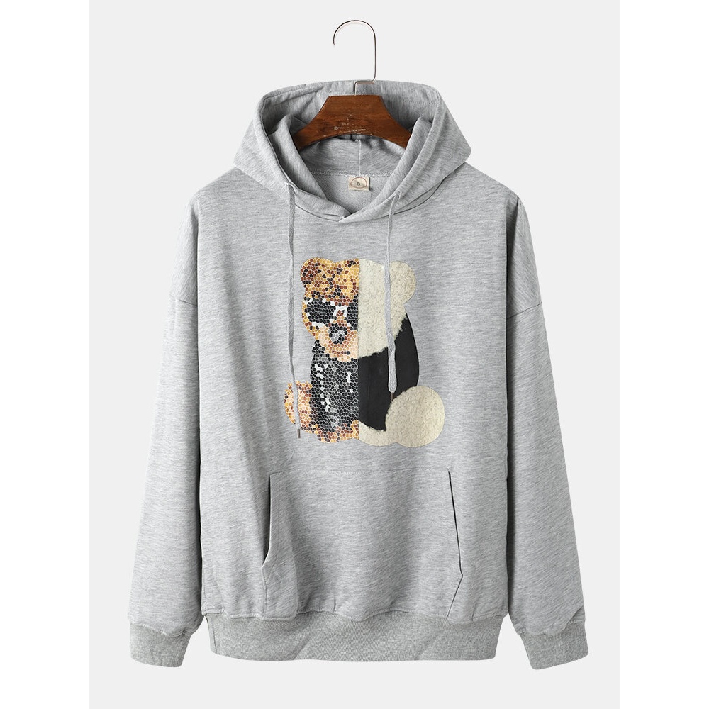 Men Teddy Bear Sequined Kangaroo Pocket Drop Shoulder Hooded Sweatshirt - White S