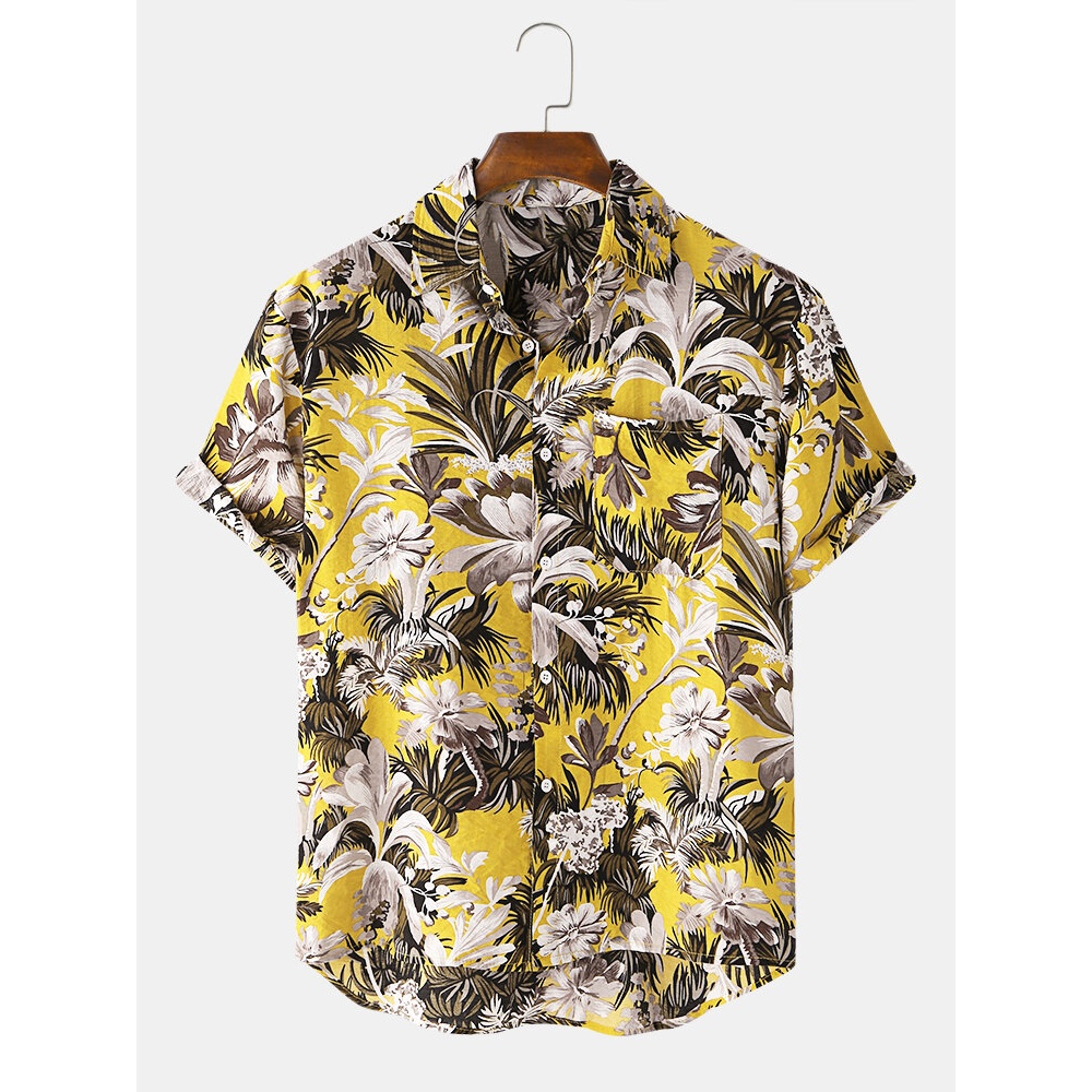 Mens Tropical Floral Print Chest Pocket Short Sleeve Hawaii Holiday Shirts - Yellow M