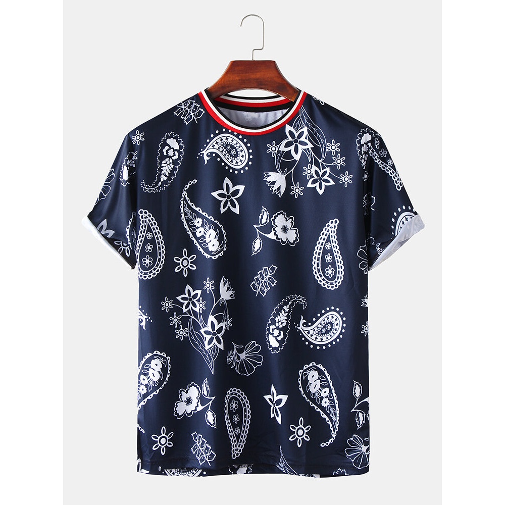 Mens Paisley Print Round Neck Short Sleeve Casual T-Shirts - Navy L