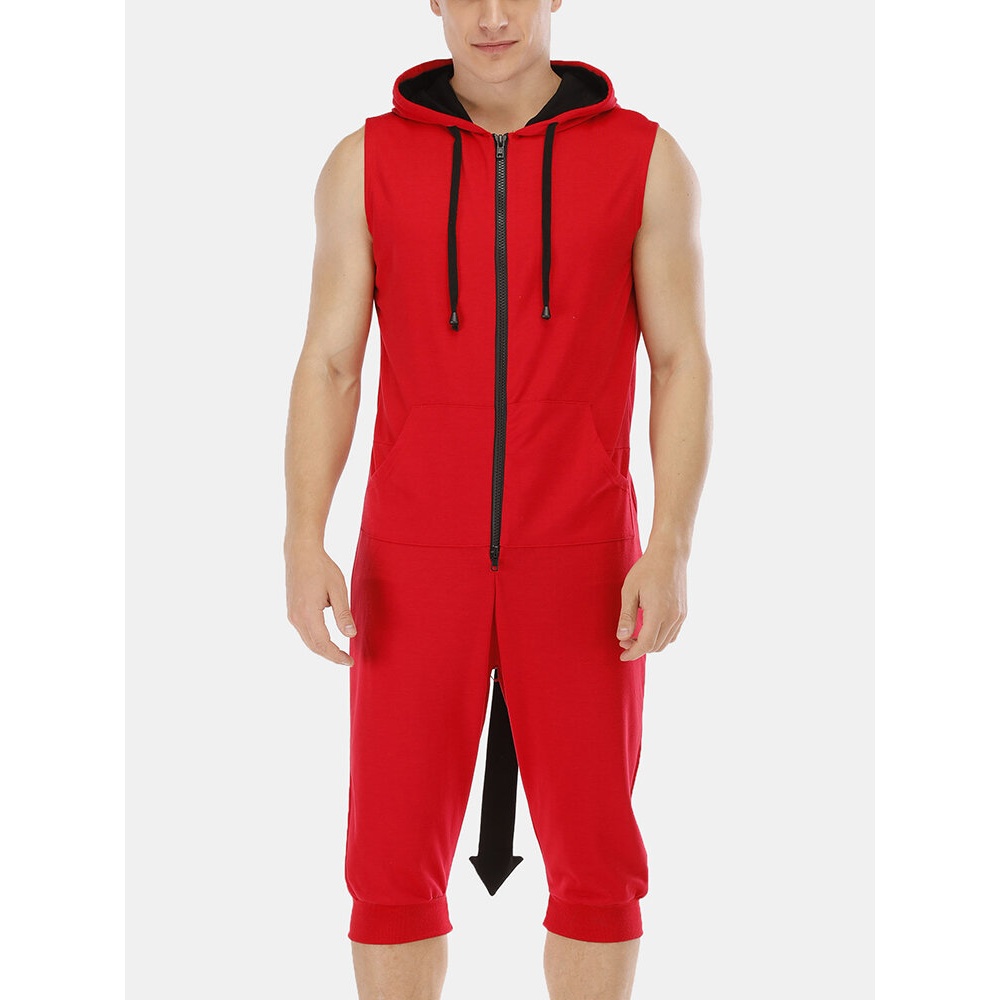 Mens New Casual Solid Color Sleeveless Jumpsuit Sleepwear - S Red