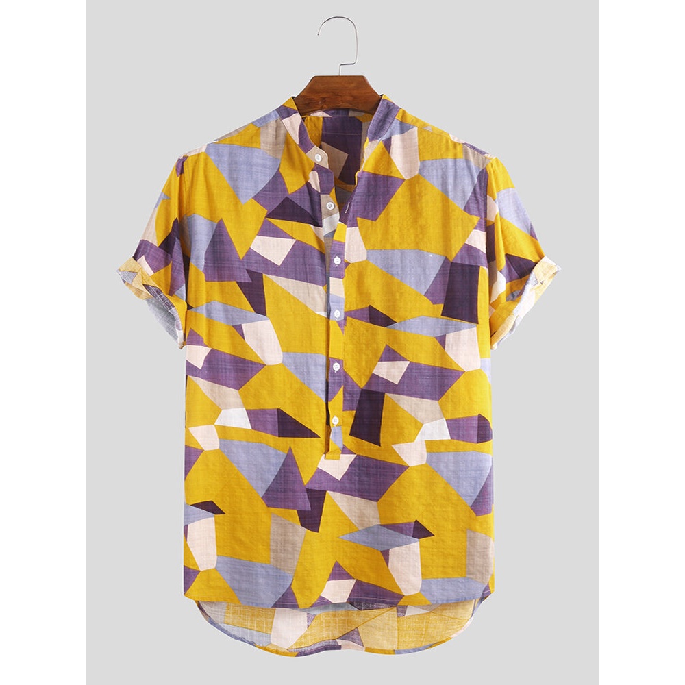 Mens Summer Fashion Casual Loose Color Blocks Printing Shirt - 2XL Blue