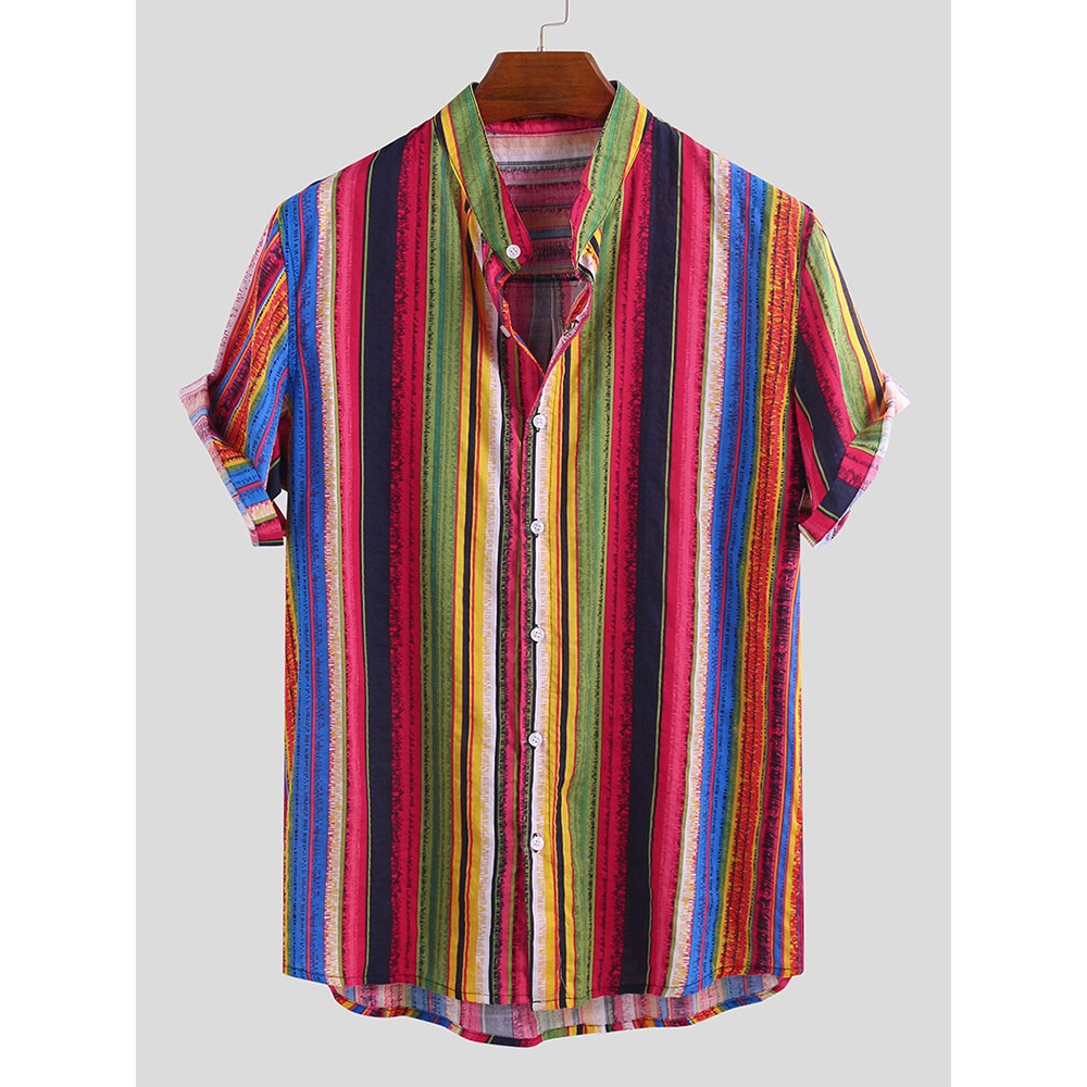 Men Mix Color Stripe Short Sleeve Stand Collar Hawaiian Shirts - M Red