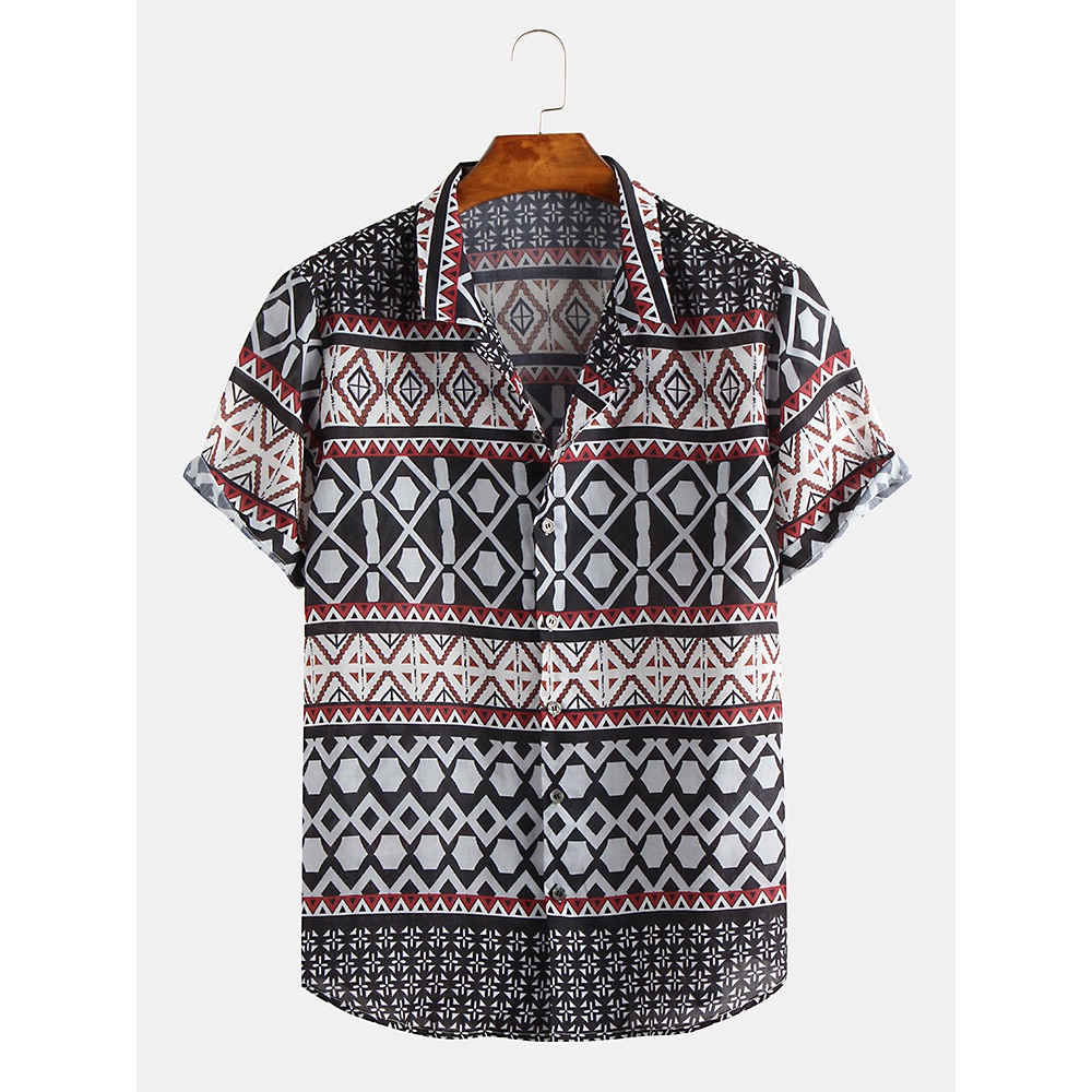 Men Geometric Printed Ethnic Style Short Sleeve Lapel Shirts - M #1