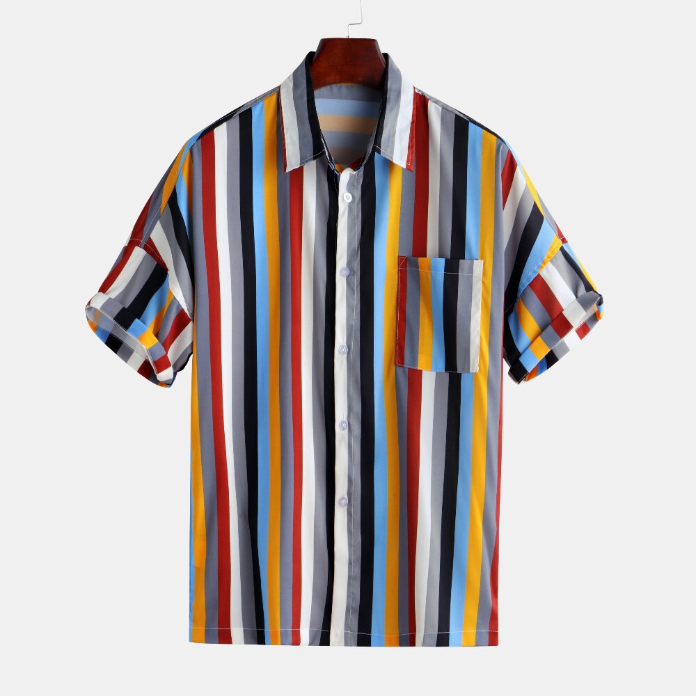 Mens Colorful Stripe Summer Comfy Trendy Holiday Shirts - M #01 - Image 2