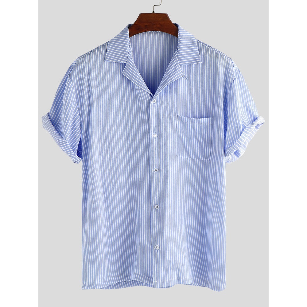 Mens Striped Chest Pocket Short Sleeve Casual Loose Shirts - XL Light Blue
