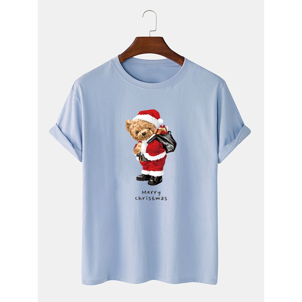 Mens  Bear Graphic Print O-Neck Casual Cotton T-Shirt - Grey S