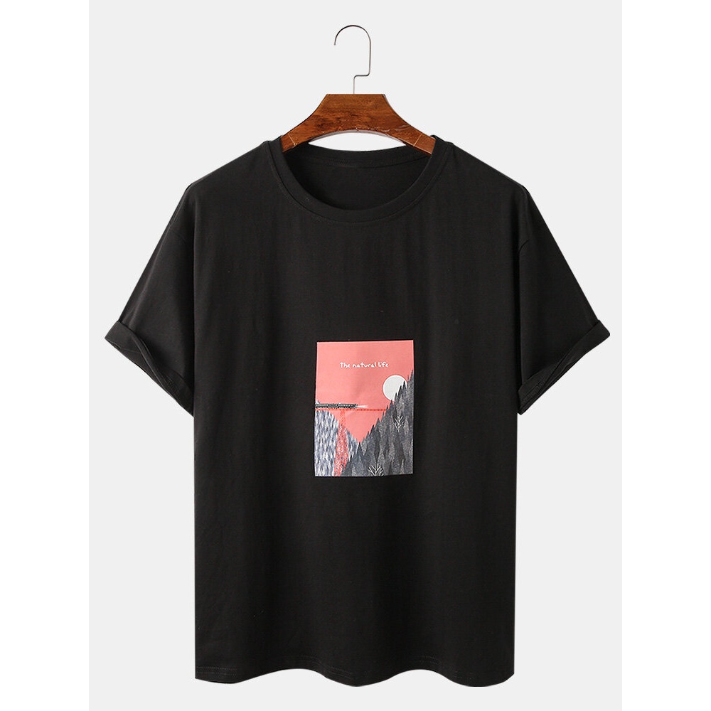 Mens Landscape Graphic Print Cotton Loose Casual Short Sleeve T-Shirts - White 2XL