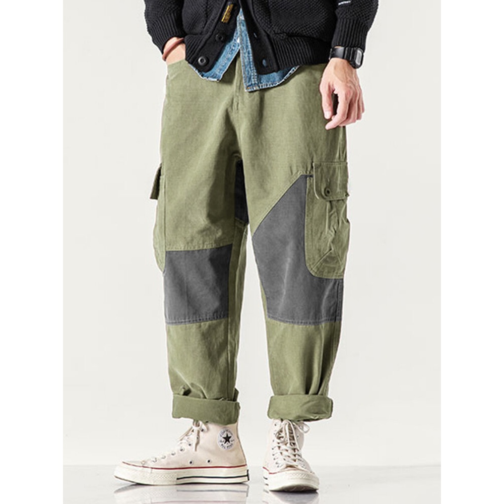 Mens Patchwork Zipper Fly Casual Cotton Cargo Pants With Pocket - Navy S