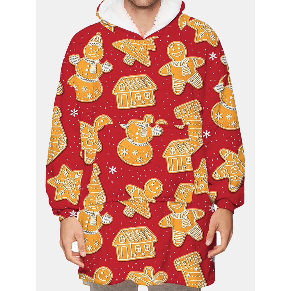 Mens  Gingerbread Print Reversible Fleece Lined Blanket Hoodie Warm Loungewear With Pocket - Red One Size