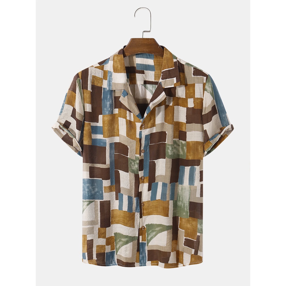 Mens 100% Cotton Geometry Color Block Revere Collar Short Sleeve Shirt - Yellow S