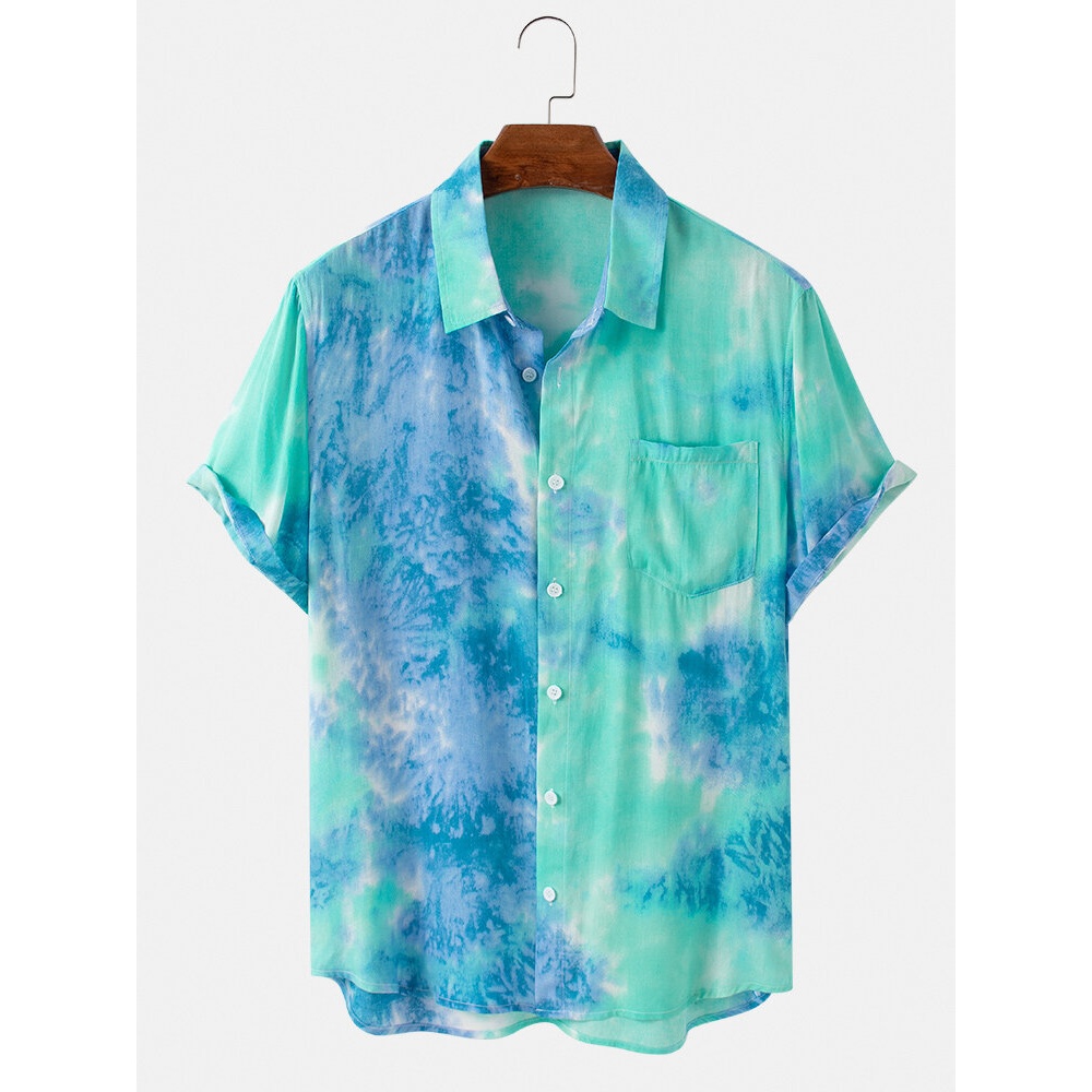 Mens Tie-dye Turn Down Collar Short Sleeve Shirts - Green M