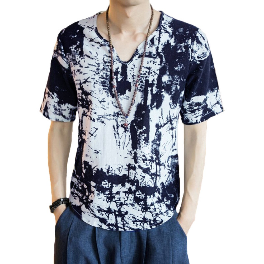 INCERUN Mens V Neck Ink Printing Chinese Style Casual Cotton Short Sleeve Tops Tees - S Navy