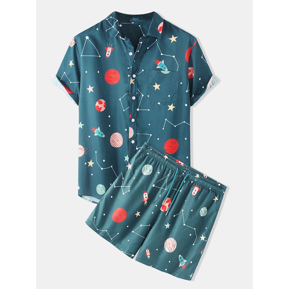 Mens Funny Space Cartoon Print Shirts Short Home Casual Suit - Dark Blue L