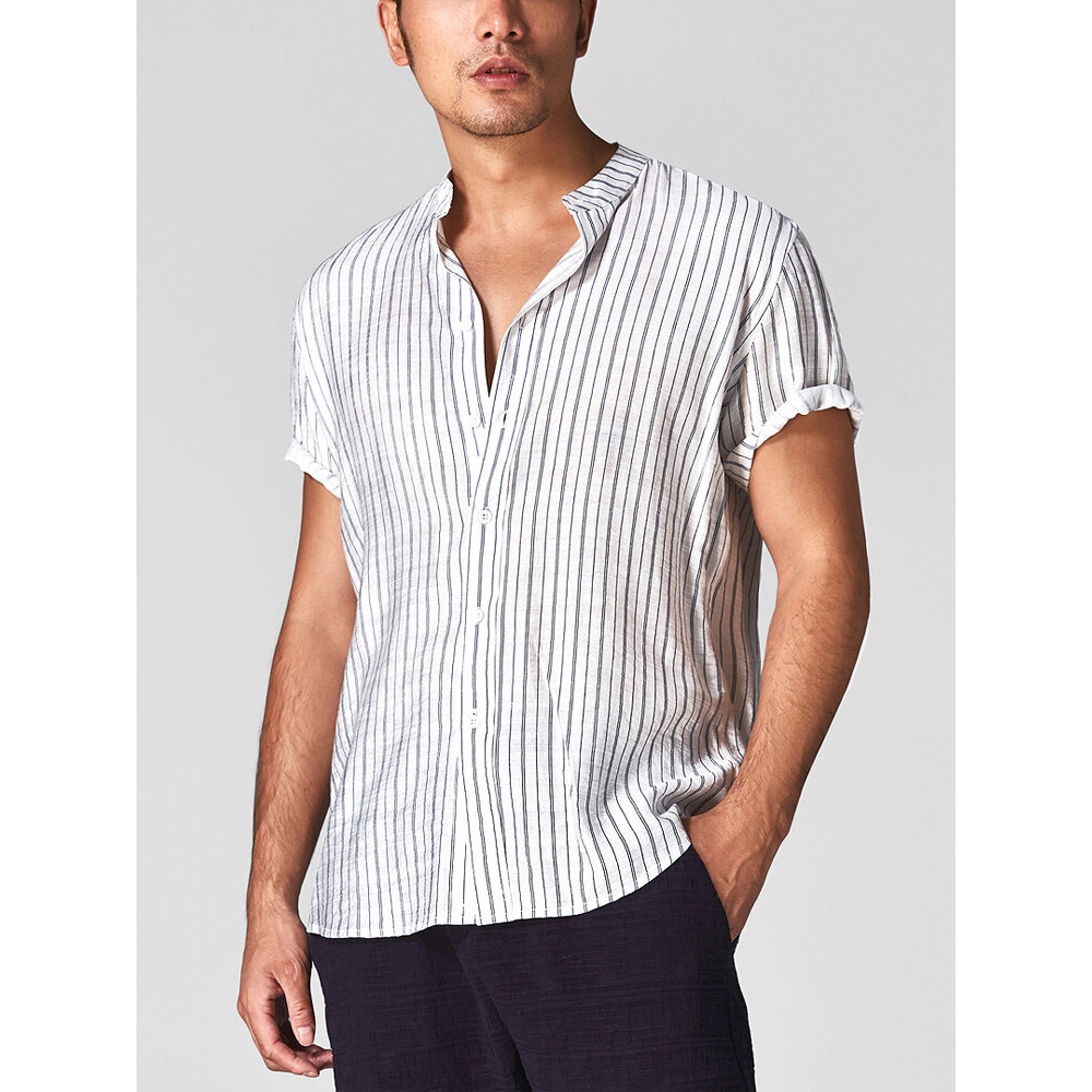 Mens Vintage Stand Collar Stripe Short Sleeve Casual Shirts - 3XL Yellow