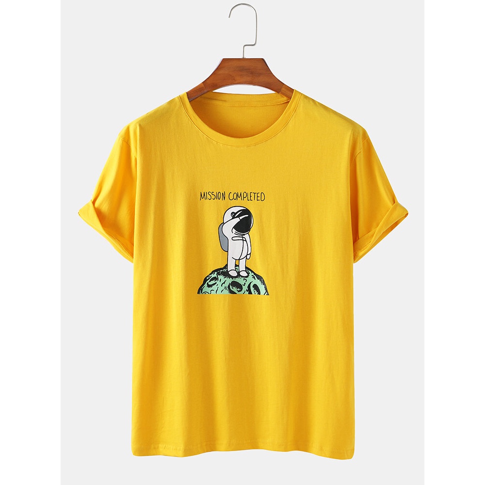 Cotton Cute Astronaut Cartoon Pattern Round Neck Casual Short Sleeve T-Shirts - White S