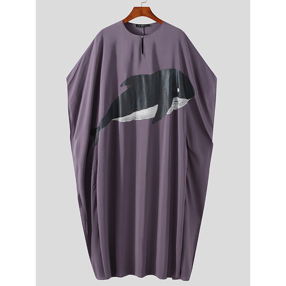Mens Whale Print Button Neck Pullover Casual Poncho Kaftan - White S
