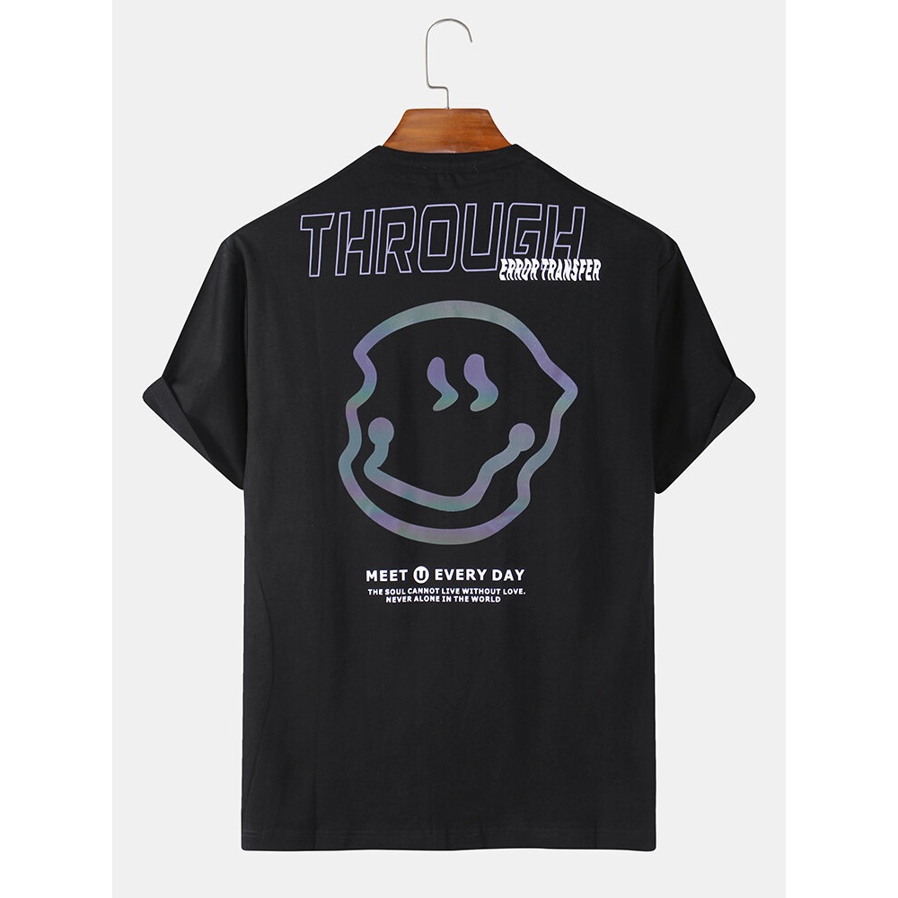 Cotton Funny Letter Emojis Print Loose Short Sleeve T-Shirts - Black M