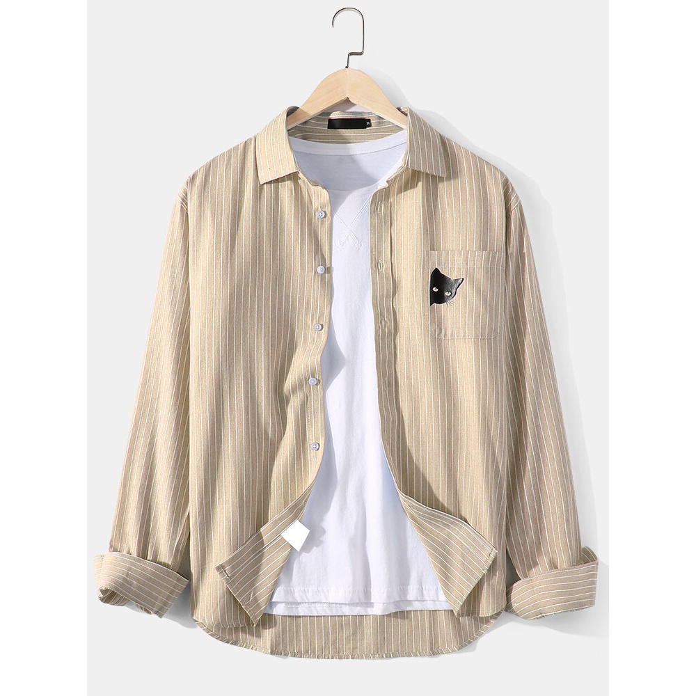 Mens Vertical Stripe Cat Print Cotton Linen Chest Pocket Long Sleeve Shirts - Green M