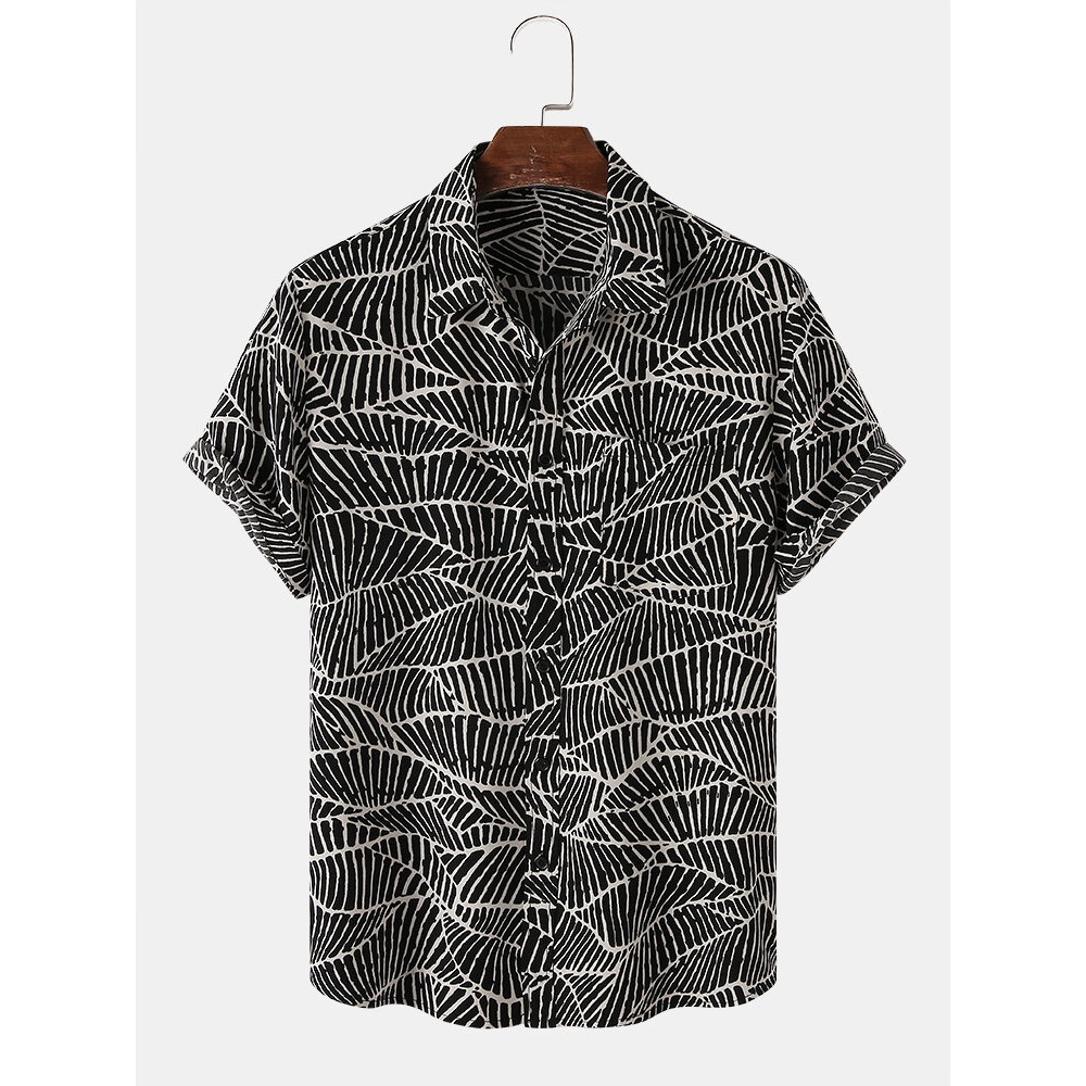 Mens Designer Plants Leaves Lapel Short Sleeve Casual Shirt - Black S