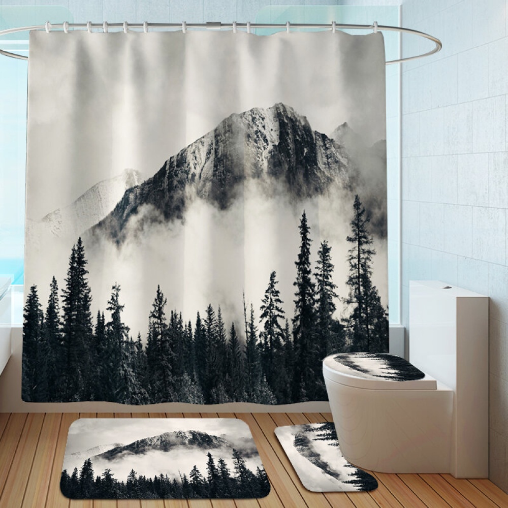 Ink Mountain Peak Simple Elegant Printing Shower Curtain Floor Mat Four-piece Bathroom Mat Set - 3Pcs Set - Image 2